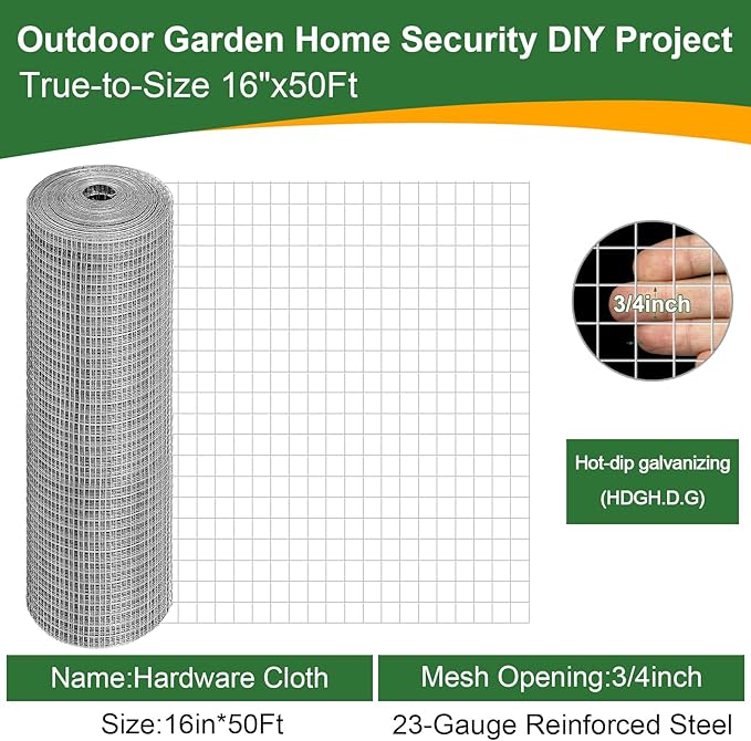 16in x 50Ft Hardware Cloth Hot-Dip Galvanized Welded Wire Mesh - Heavy Duty 3/4inch 23 Gauge Chicken Wire Fencing for Garden, Chicken Coop, Rabbit Cage, Rodent & Predator Protection