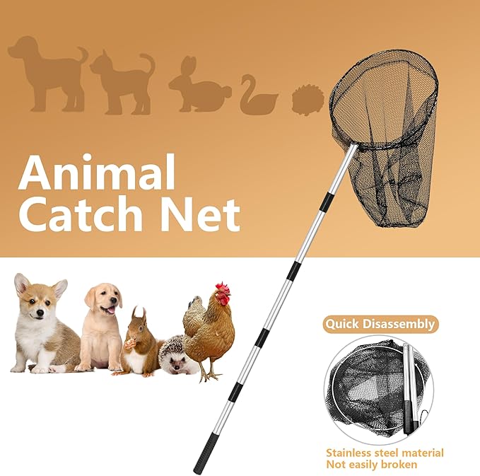 Catch Net - Small Animal Catcher for Chicken, Duck, Goose, Fish, Cat, Bird, Raccoon, Dog and Others (Detachable Handle 16 "-78" with 16" Net Opening)