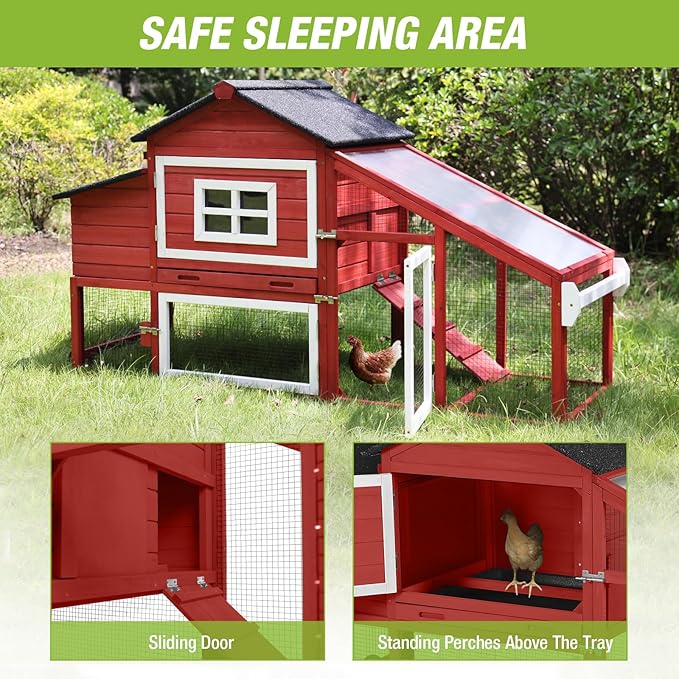 GUTINNEEN Chicken Coop Mobile Hen House Wooden with Run Poultry Cage with Nesting Box,Red
