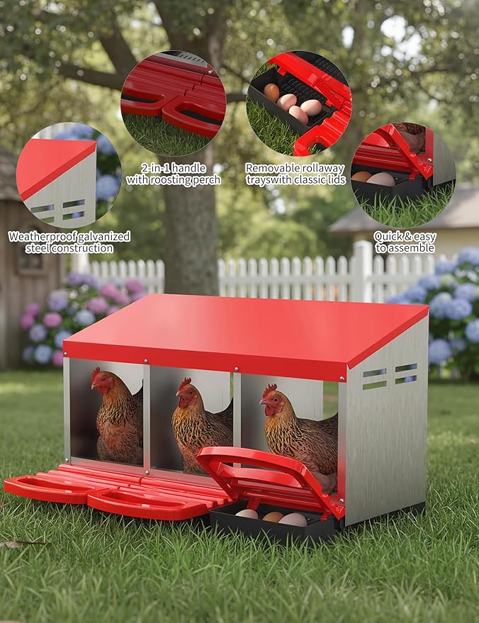 Chicken Nesting Box with Nesting Pads, Galvanized Steel Nest with Roll Away Egg Collection & Swing Perch, Easy-Clean Laying Box for Hens, Heavy Duty Design for Chicken Coop