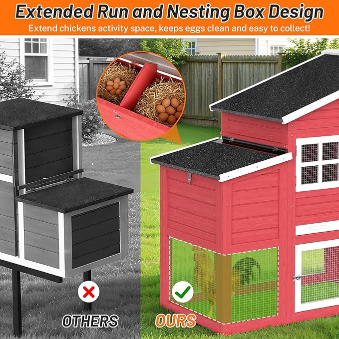 84.7''L Chicken Coop, Large Poultry Cage for 4-6 Chickens, Outdoor Hen House Design with Nesting Box, Weatherproof Roof and Leakproof Pull-on Tray, Easy to Install＆Clean(Red)