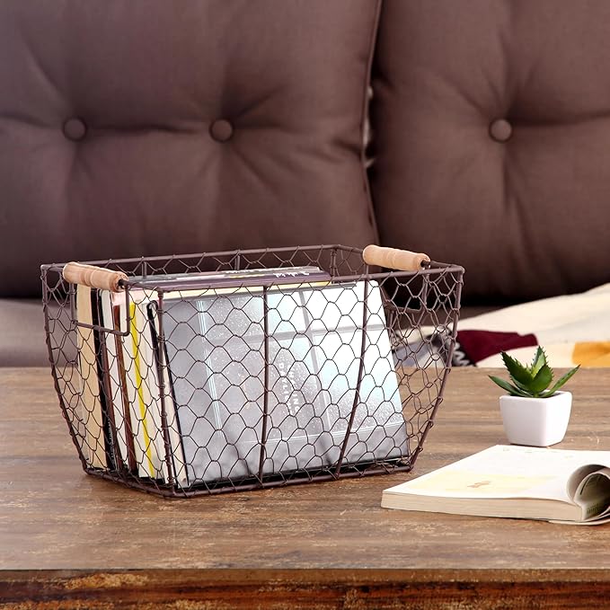 2-Pack Decorative Brown Chicken Wire Baskets with Wooden Handles – Multi-Purpose Storage, 12.2" L x 8" W x 7.28" H