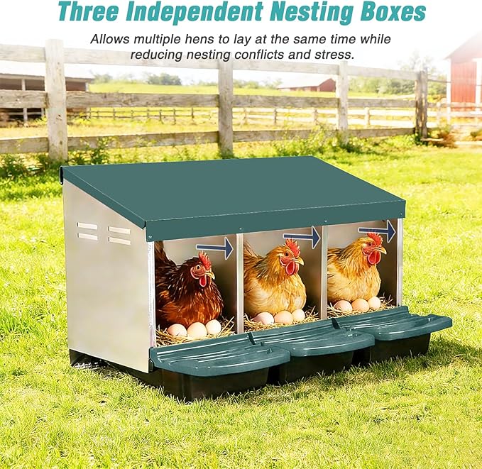 3-in-1 Roll Out Chicken Nesting Box with Removable Drawer – Green Metal Laying Nest for Hens, Easy Assemble, for Chicken Coop (Green)