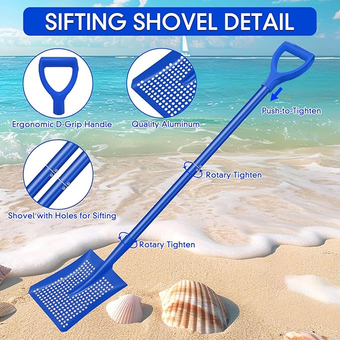 Sifting Shovel, Heavy Duty Metal Sand Sifter for The Beach, 53.5" Long Sand Sifter Shovel for Beach Fun, Chicken Coop, Farm Goat Stall Sand Poop Cleaning, with Ergonomic D-Grip Handle (Blue)