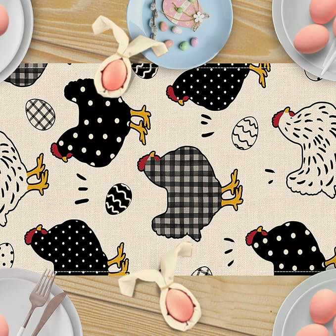Seliem Chicken Hen Table Runner, Black White Eggs Plaid Polka Dots Farm Kitchen Dining Table Decor, Spring Farmhouse Burlap Home Decoration Indoor Outdoor Party Supply 13 x 108 Inches
