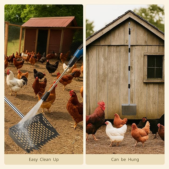 Chicken Poop Scooper, 10 Inch 2 in 1 Rake Chicken Coop Scoop, Adjustable Sifting Shovel Heavy-Duty Chicken Coop Accessory Feces Shovel with Adjustable Handle & Pet Waste Cleaning