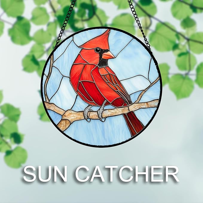 Stained Glass Window Hanging 4 Pcs Set Cardinal Blue Birds 9.8" - Suncatcher Door Garden Sun Catcher Decor Birthday Mother's Day for Bird Lovers Men Woman Nana Friend