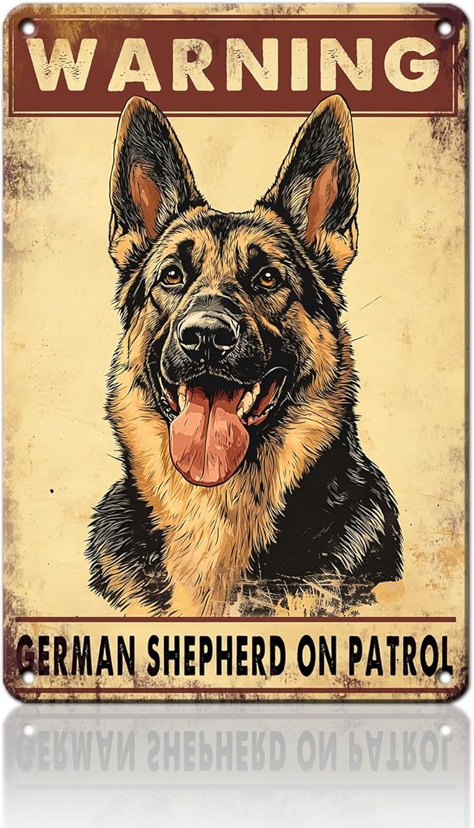 PEACHGARDEN Warning Vintage Metal Sign German Shepherd Signs Warning Beware Dog Tag Funny Plaque for Home Outdoors, Patio, Yard, Porch 8x12inch