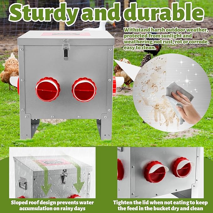 25LB Large Automatic Chicken Feeder Galvanized Metal Chicken Feeders with 4 Feeding Ports No Waste Outdoor Poultry Feeder with Handle and Locking Lid for Chickens and Ducks