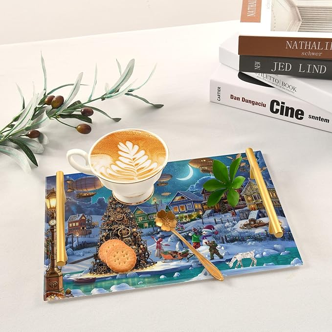 Bathroom Vanity Tray Counter Organizer, Winter Christmas Village Decorative Tray with Handles Countertop Storage for Bathroom Bedroom Kitchen Home Farmhouse