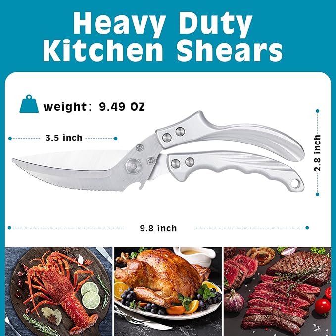 Kitchen Shears Heavy Duty - All Purpose Poultry Shears Stainless Steel Kitchen Scissors for Thanksgiving, Chicken, Bone, Meat, Turkey, Fish, Scissor for Cutting Cooking, Dishwasher Safe (Silver)