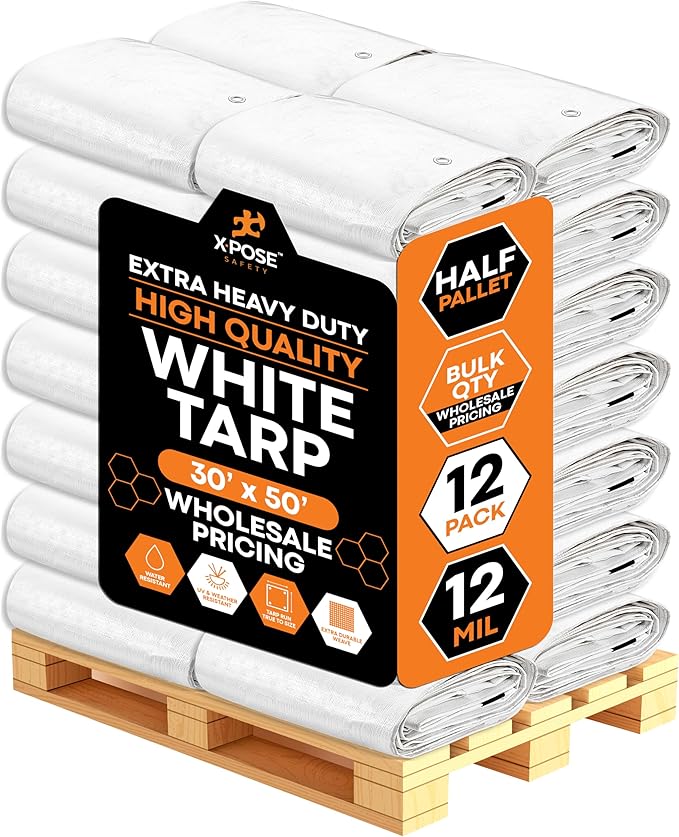 Heavy Duty White Poly Tarp 30' X 50' - Bulk Half Pallet (12 Pack) - Multipurpose Protective Cover - Durable, Weather Proof & Tear Resistant - 12 Mil Thick Polyethylene - by Xpose Safety