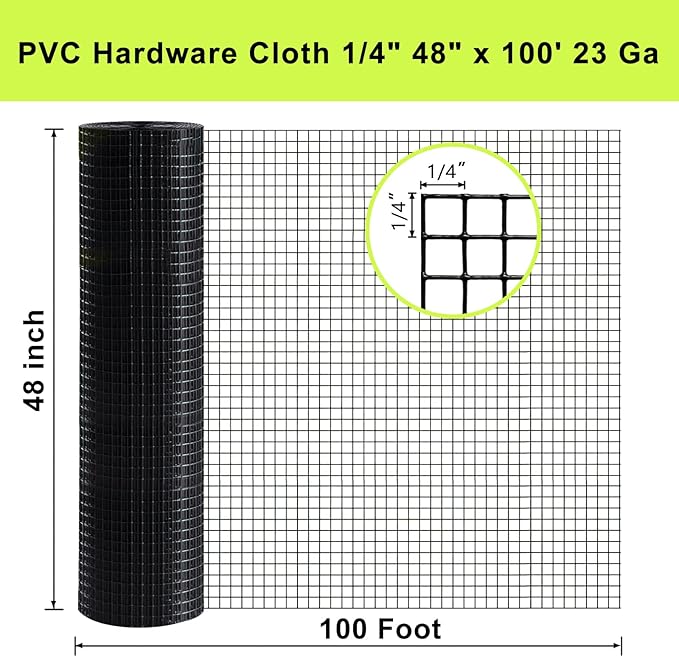 Black Hardware Cloth 48"×100', 23 Gauge 1/4 inch Black PVC Hardware Cloth, Black Vinyl Coated Welded Wire Fence Supports Poultry Netting Chicken Coop Cover Wire Fencing…