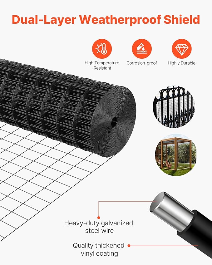 VEVOR Hardware Cloth 24 in x 25 ft, 2 x 3 in Mesh 16 Gauge Galvanized Wire Mesh Roll, Weather-Resistant Vinyl Coated Chicken Wire Fencing, Heavy Duty Welded Garden Plant Fencing for Rabbit Cage Snake