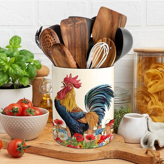 Hexagram Rooster Decor Utensil Holder, Rooster Chicken Kitchen Decor Ceramic Utensil Holder for Farmhouse Chicken Kitchen Decorations Indoor Rustic Farmhouse