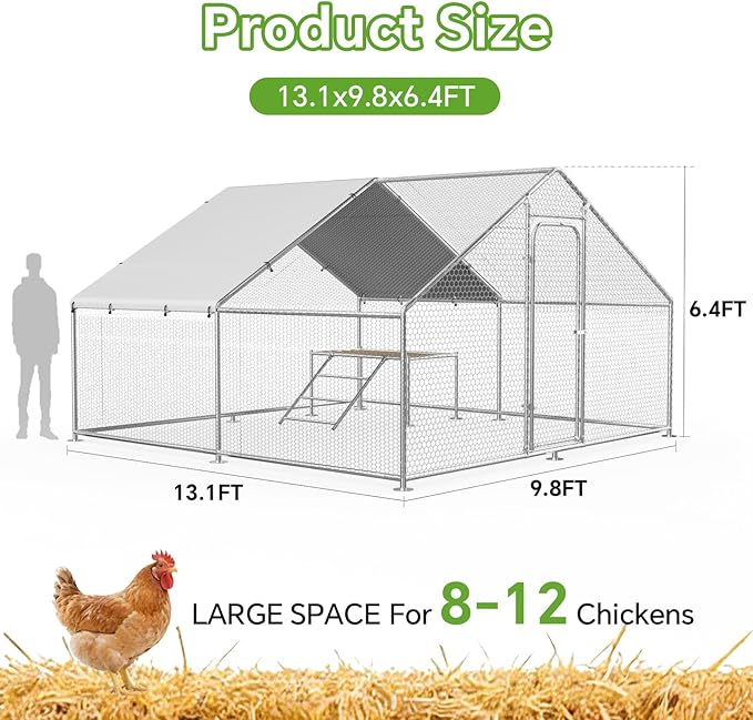 Large Metal Chicken Coop with Roosting Ladder, Waterproof and UV-Resistant Cover,Outdoor Chicken Run for Yard Farm Rabbit Duck, Spire Roof