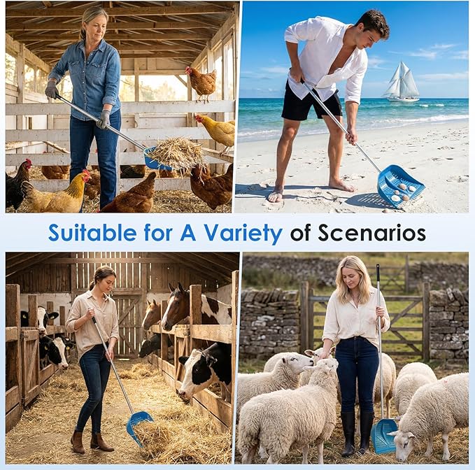 Chicken Poop Scooper & Rake 2-in-1, Adjustable Handle Length from 38" to 66", Features Manure Sifting Capability – Ideal for Chicken Coops and Farm Animal Cleaning (Blue)
