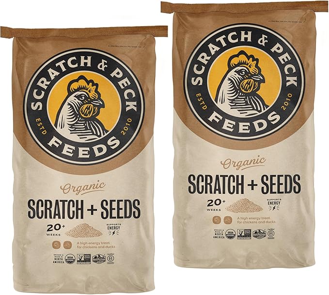 Scratch and Peck Scratch + Seeds Chicken and Duck Treat - 50 lbs Bag - 11% Protein, Certified Organic and Non-GMO Project Verified Chicken Food