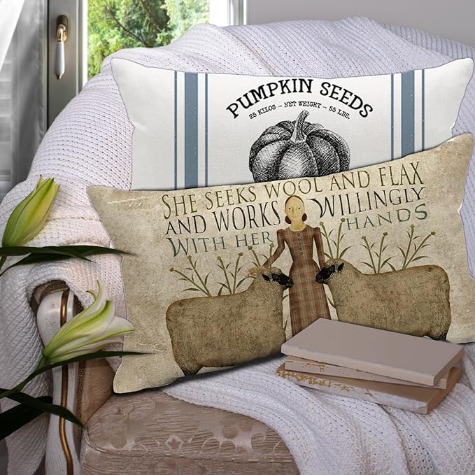 Retro Farmhouse Sheep Throw Pillow Cover 12x20 Inch Vintage Farm Wools Flax Quotes Decor Lumbar Decorative Thanksgiving Day Throw Pillows Cases Decorations for Couch Sofa Living Room