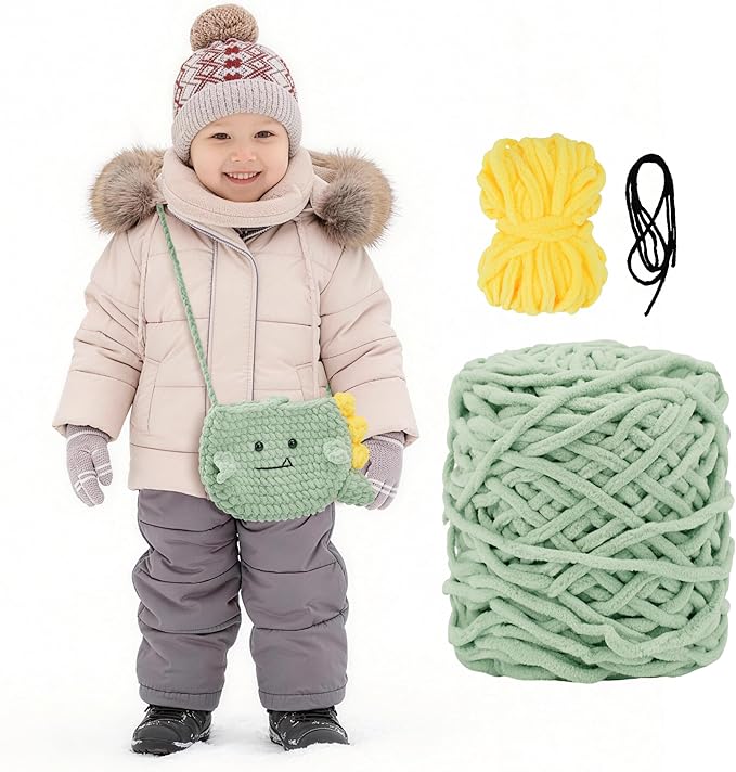 Alvian Crochet Kit for Beginners Crossbody Wallet Belt Bag Crochet Starter Kits Craft Knitting Crocheting Kits with Yarn, Hook, & Tutorial Gift for for Birthday (Green-Dinosaur Bag)