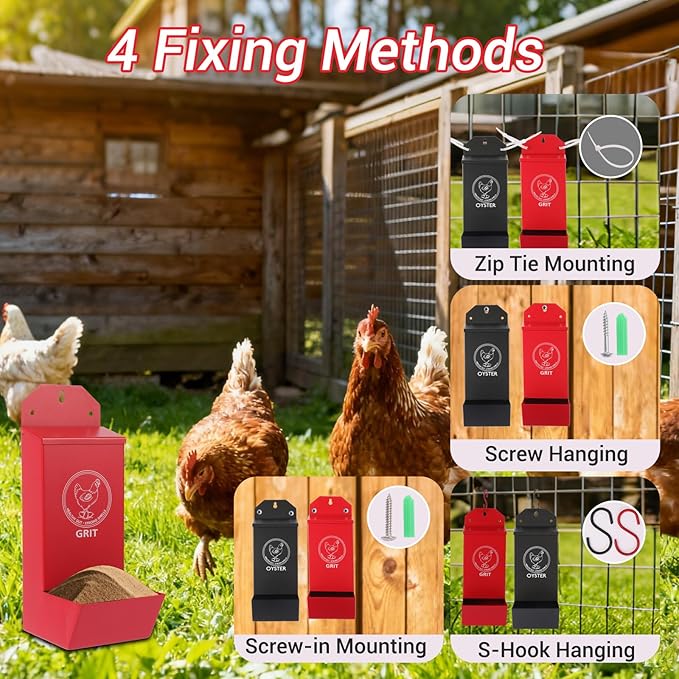 2-Pack Metal Chicken Grit Feeder & Oyster Shell Feeder with Lid - Hanging Gravity Poultry Feeder for Chickens, Ducks, Quail - Rain Proof Chicken Coop Accessories - Wall Mount Chicken Feeders No Waste