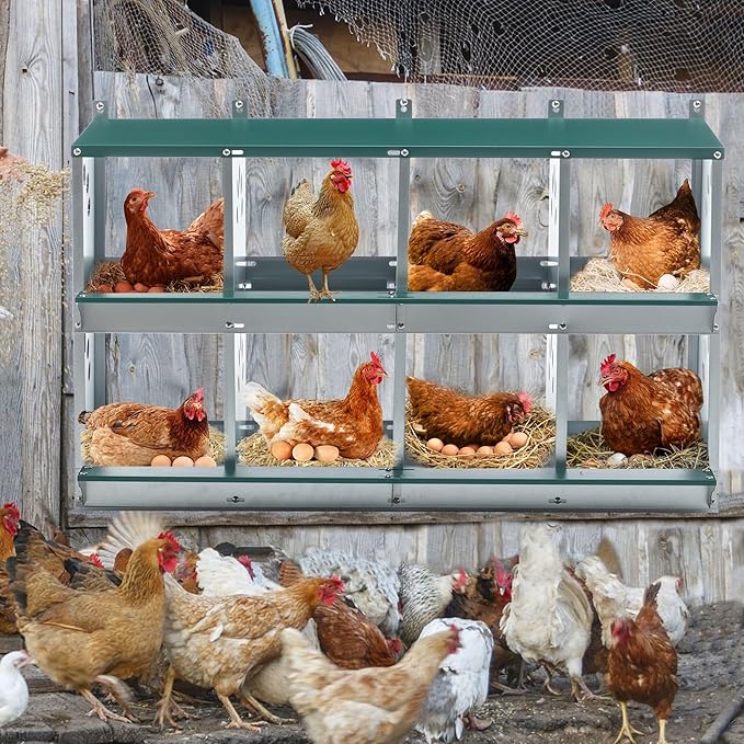 Chicken Nesting Boxes for Laying Eggs, Wall Mount Metal Poultry Nest Box for Hens, Large Vented Holes Chicken Coop Box, Galvanized Steel Nesting Boxes for Hens (Green, 8 Compartment)