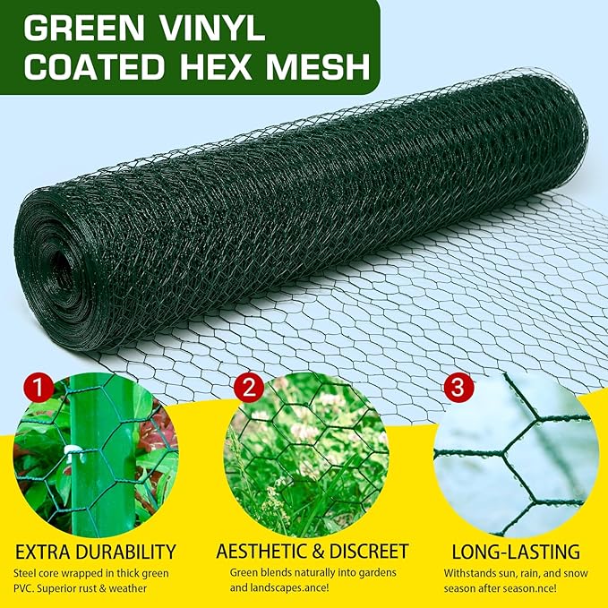 Chicken Wire60inx150ft, Premium Chicken Wire Fencing, Chicken Wire Mesh, Green PVC Coated Metal Wire Fence, Galvanized Poultry Netting Barrier for Floral Arrangements/Craft Projects//Rabbit