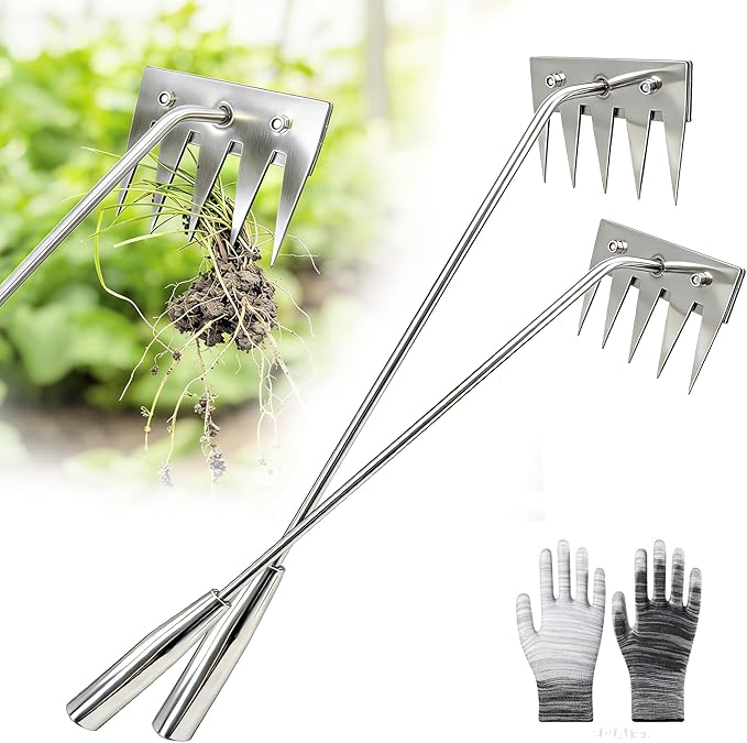 2Pcs Weed Puller Tool, 2026 Portable Manual Weeding Tools Gardening, 5 Teeth Head Stainless Steel Hand Garden Weeding Rake, Weed Remover Tool for Gardening Backyard Yard Farm Planting Weeding