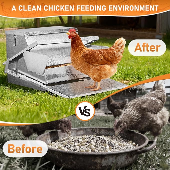 Outvita Automatic Treadle Chicken Feeder, 25 Lbs No Waste No Spill Rodent Proof Metal Chicken Feeder with Weatherproof Lid, Chicken Supplies for Your Chickens Duck Bantams Pheasants Poultry Coop