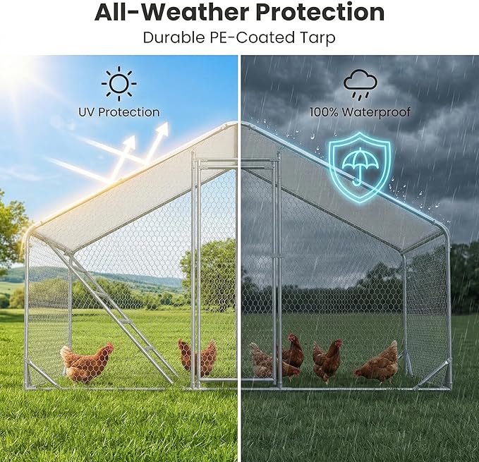 Chicken Coop 9.8x6.5x6.5ft Large Metal Chicken Run for 6/10 Chickens Poultry Cage with Waterproof Cover for Duck Walk-in Chicken Pen for Yard