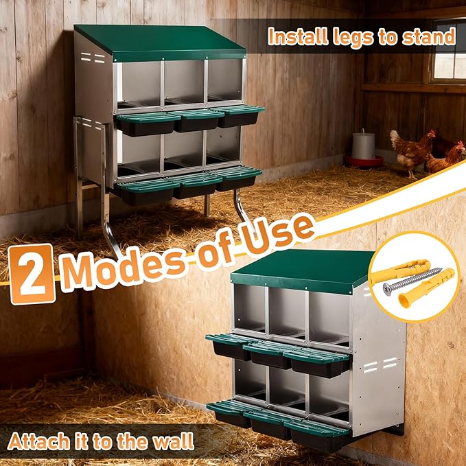 Outvita Chicken Nesting Boxes, 6 Compartments Metal Nesting Boxes for Chickens with Metal Legs, Wall/Floor Mount for Laying Eggs with Swing Perch and Roll Away Egg Collection for Chicken Coop, Green