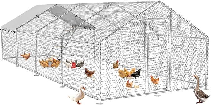 Large Metal Chicken Coop with Roosting Perch, Waterproof and UV Protection Cover, Chicken Run Outdoor Walk-in Cage Chicken Rabbit Duck Hen House for Yard Farm Use Spire Roof(10’ W x 26.2’ L x 6.4’ H)