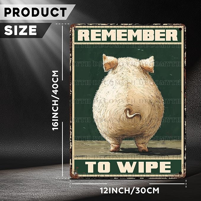 Vintage Pig Tin Sign Remember To Wipe Retro Wall Decor Nostalgic Art Funny Rustic Metal Poster Outdoor Store Cafe Poultry House Pubs Yard Bathroom Farm Farmhouse Toilet Restroom 12 * 16inch