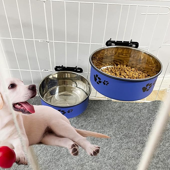 Dog Crate Food and Water Bowl 2Pcs Small Pet Hanging Kennel Removable Dish Feeding Cup with Holder No Spill for Medium Large Size Puppy Cat (Blue, 6.3''X2.5''&7.1‘’X2.7'')