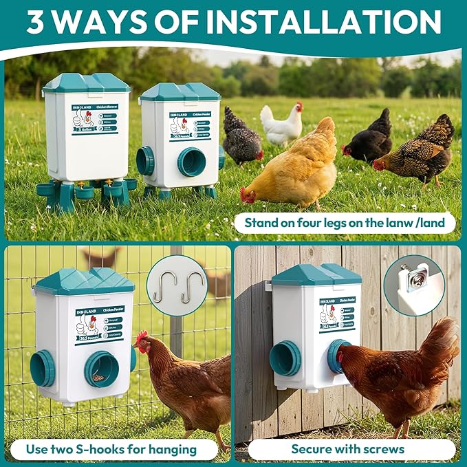 Chicken Feeder and Waterer Set - 3 Gallon/26.5 Pounds, Automatic Chicken Waterer with 4 Cups & 3 Feeder Ports, No Waste Poultry Feeders & Waterers, Chicken Coop Accessories for Hens/Ducks/Poultry