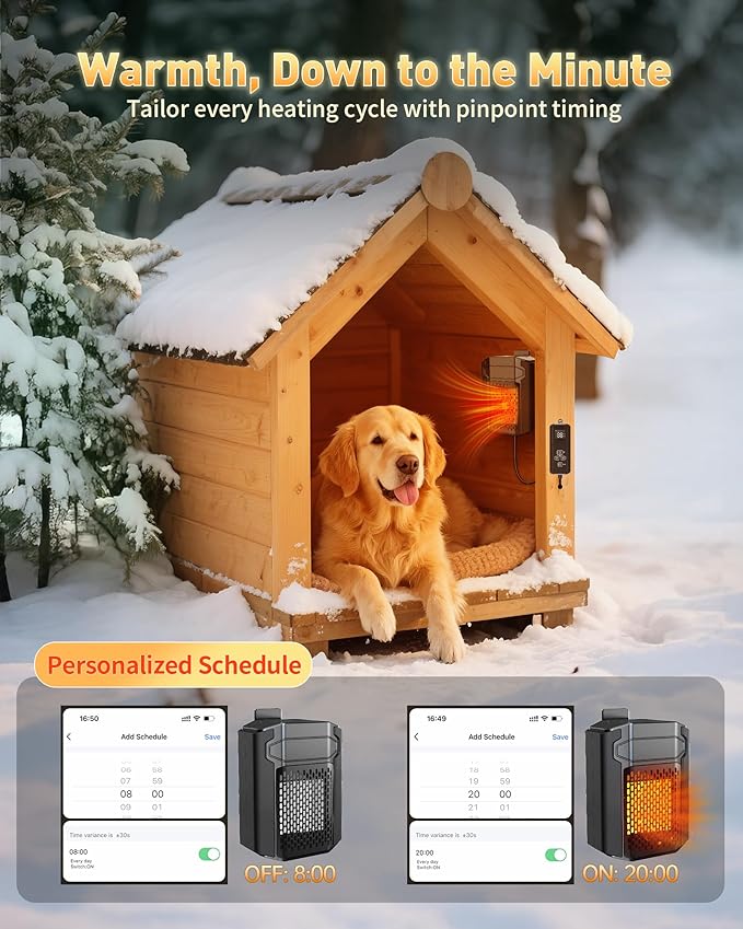 PETNF Dog House Heater with Thermostat APP WIFI Control, 500W Dog House Heaters for Outside Doghouse kennel Chicken Coop, Outdoor Pet House Heater with External Temperature Probe&Adjustable Temp Timer