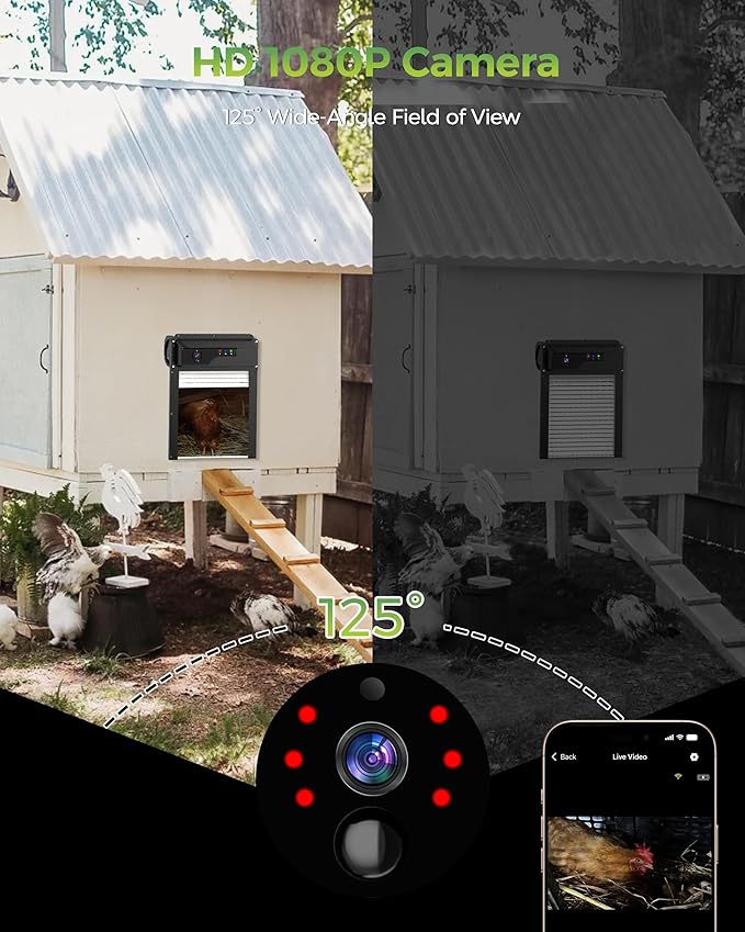WiFi Automatic Chicken Coop Door,App&Remote Control Chicken Door with 1080P HD Camera,5000mAh Battery,Timer,Anti-Pinch Protection & Security Alarm,Solar Powered or USB Charging