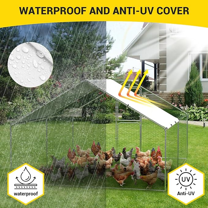 6.6FT Height Walk in Chicken Coop Metal, Outdoor Chicken Run with Split Door, Waterproof & UV Resistant Cover, Large Poultry Cage for Goose Rabbit, Duck Houses for Outside Yard Farm