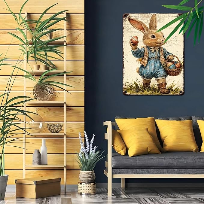 YoyaVex Bunny Metal Sign Vintage Easter Design With Decorative Eggs Rustic Wall Decor For Indoor Outdoor Use In Home Garden 12X16Inch