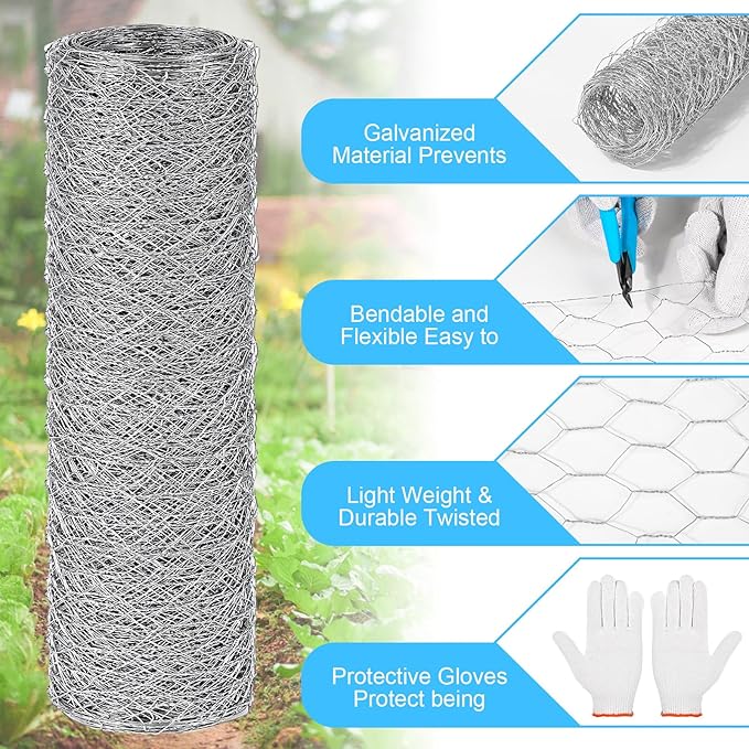 Chicken Wire Mesh 13.7 in x 157 in Silver Floral Chicken Wire Poultry Netting Hexagonal Galvanized PVC Coated Wire Mesh for Floral Arrangements Craft with 30 Zip Ties, Glove and Wire Cutting Pliers