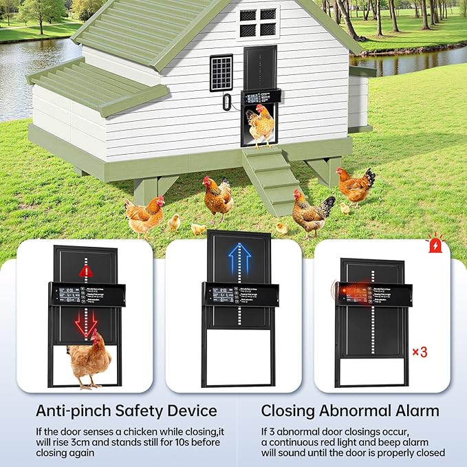 Solar Chicken Coop Door, Automatic Chicken Door Solar Powered & USB Charging, Auto Chicken Door 4 Modes with Timer & Light Sensor, Anti-pinch & Alert, Remote, LED Screen, Aluminum Waterproof Coop Door