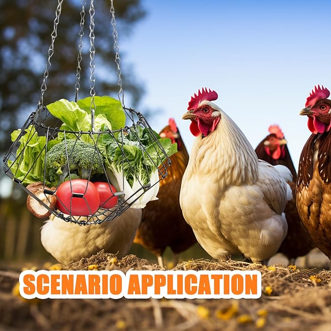 Hanging Chicken Feeder Accessories,11.81IN Large Foldable Chicken Vegetable Treat Holder Basket with 4Pcs Hanging Chain,Sturdy Poultry Feeding Cabbage Ball Boredom Toys for Chicken Coop(X-Large)