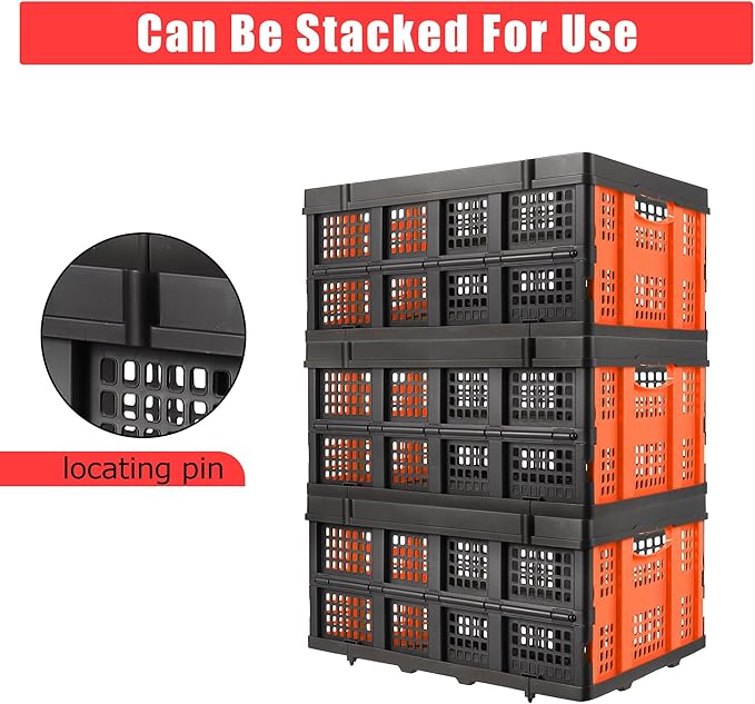 14.5 Gallon Orange Collapsible Milk Crate, Heavy-Duty Plastic Storage Container with Handles, 55 LBS Load Capacity Stackable Folding Bin for Home Office Farm Garage Basement.