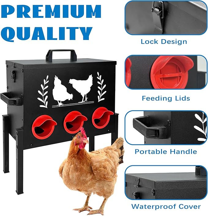 Chicken Feeders, 30 lb Capacity 6 Port Automatic Chicken Feeder, Metal Chick Feeder with Locking Lid and Legs, Chicken Feeder for Chickens, Ducks, Geese(Black)