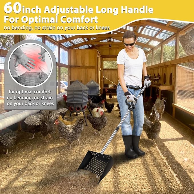 Chicken Poop Scooper - 2-in-1 Chicken Coop Scoop & Rake,65inch Adjustable Long Handle Chicken Scooper for Poop with Grip, Sifting Litter Shovel Scoop for Chicken Coop,Goat Stall and Stable Cleaning