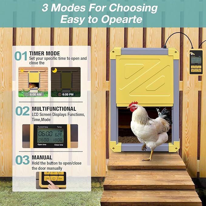 Automatic Chicken Coop Door, Solar Powered Automatic Chicken Door with Timer Mode, Battery Powered LCD Screen, Anti-Pinch Design, Waterproof, Easy Installation (Grey)