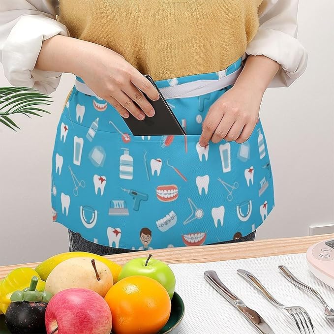 Unisex Chef Waiter Apron Waist Half Short Serving Aprons with 3 Pockets