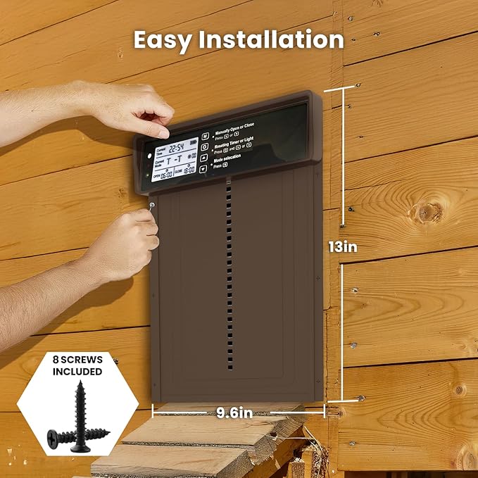 Automatic Chicken Coop Door - Auto Chicken Coop Door with Timer, Sensor, & Remote Control - Smart Poultry Door Opener with Durable Construction - Chicken Coop Supplies & Accessories - Brown