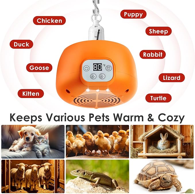 Enhon Chicken Coop Heater, 400W Heat Lamp for Chickens, Smart Chicken Brooder Heater with Thermostat & Timer, 5 Ft Extra Long Cable Heating Lamp for Chicks Ducks Dogs Cats Reptiles, No Remote