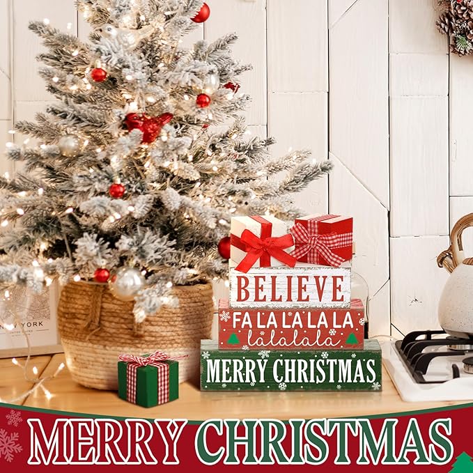 Geelin 4 Pieces Merry Christmas Wooden Table Decorations Xmas Wood Gift Boxes Decor Rustic Christmas Tiered Tray Decor Xmas Believe Tabletop Centerpieces for Home Desk Room Kitchen Shelf